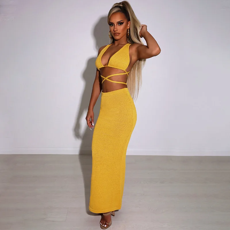 

Sexy Half-length Dress lacing Solid Color Backless Vest Two-piece Tight Dresses Party V-neck Dress Women Summer