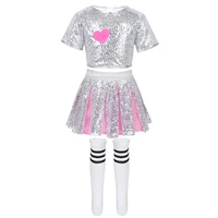 kids girls shiny sequins dancewear crop tops with shorts skirt striped socks set stage performance hip hop jazz dance costume
