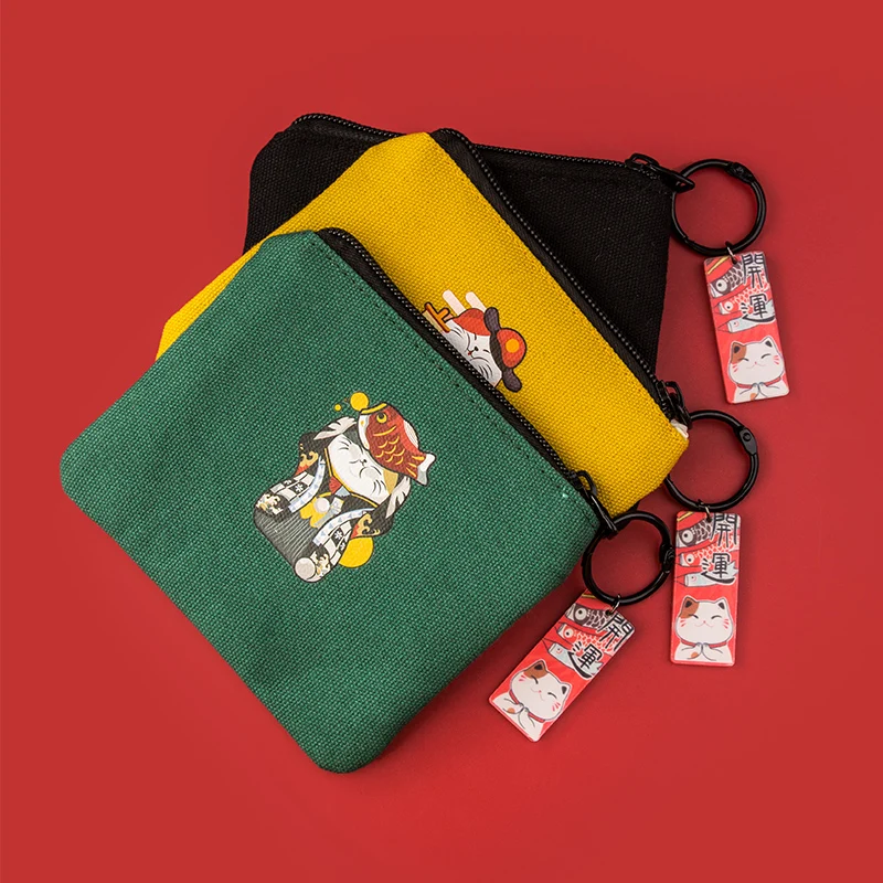 Japanese Lucky Cat Canvas Keychain Maneki Neko Trinkets Pendant Good Luck Fortune Wealth Students Coin Bag Ladies Small Wallet