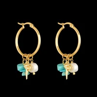 ins french style womens 14k gold stainless steel earrings earrings turquoise pearl conch resort beach style fashion earrings