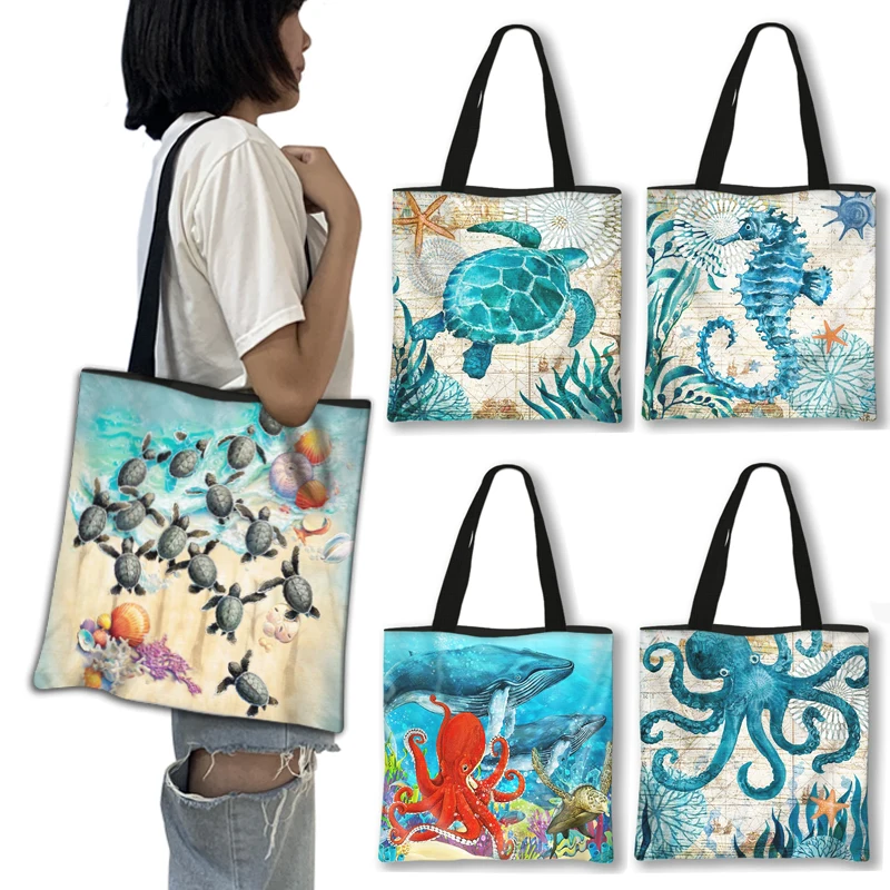 

Sea Animal Turtle Octopus Whale Jellyfish Shopping Bags Canvas Tote Girl Shoulder Bag for Travel Women Handbag Shopper Beach Bag