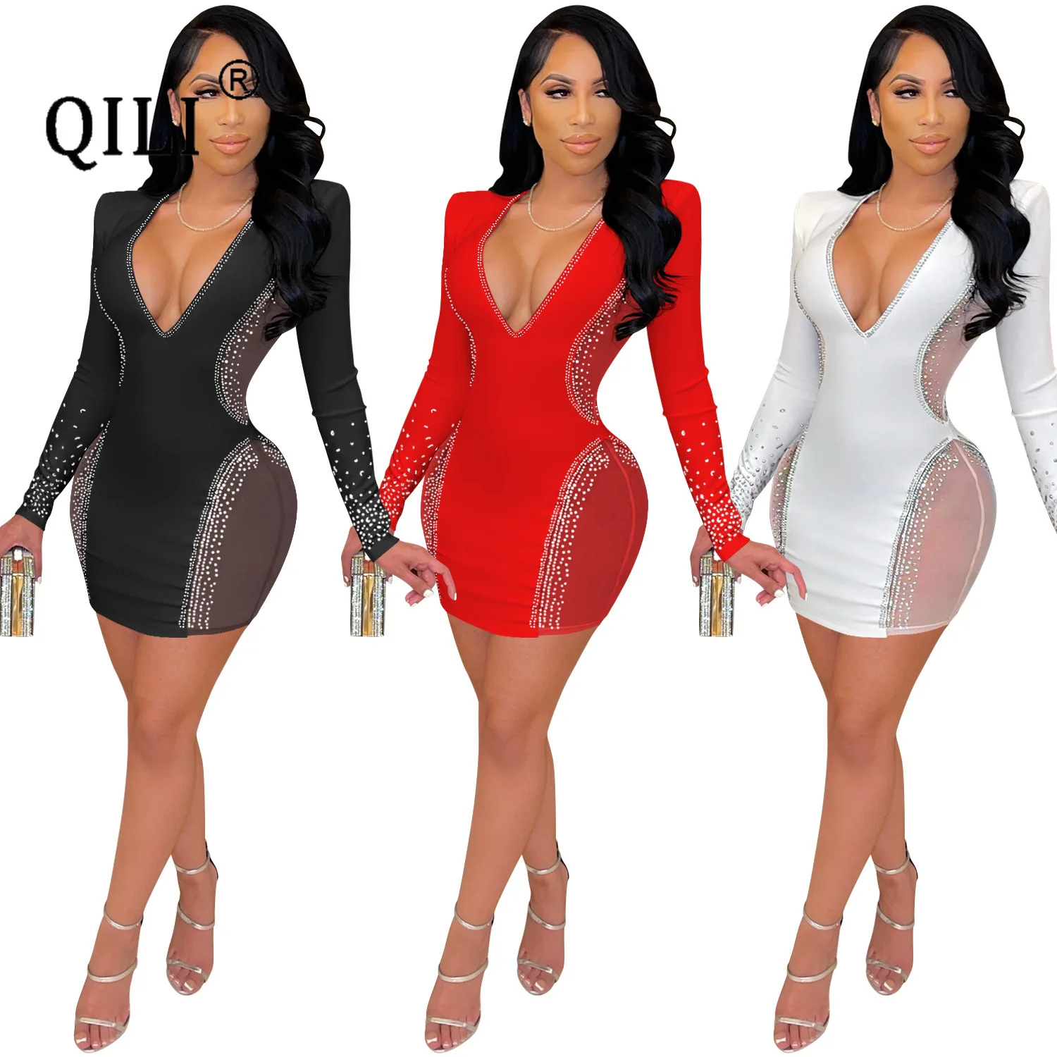 

QILI Sexy Deep V Nightclub Party Dress Hot Drilling Perspective Dresses Diamonds Full Sleeve Mini Dress Black Red White