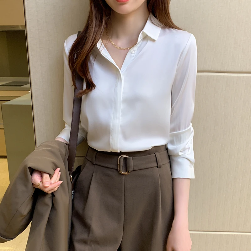 

COIGARSAM Full Sleeve Shirt Womens tops Chiffon Women shirts Gray White 8285