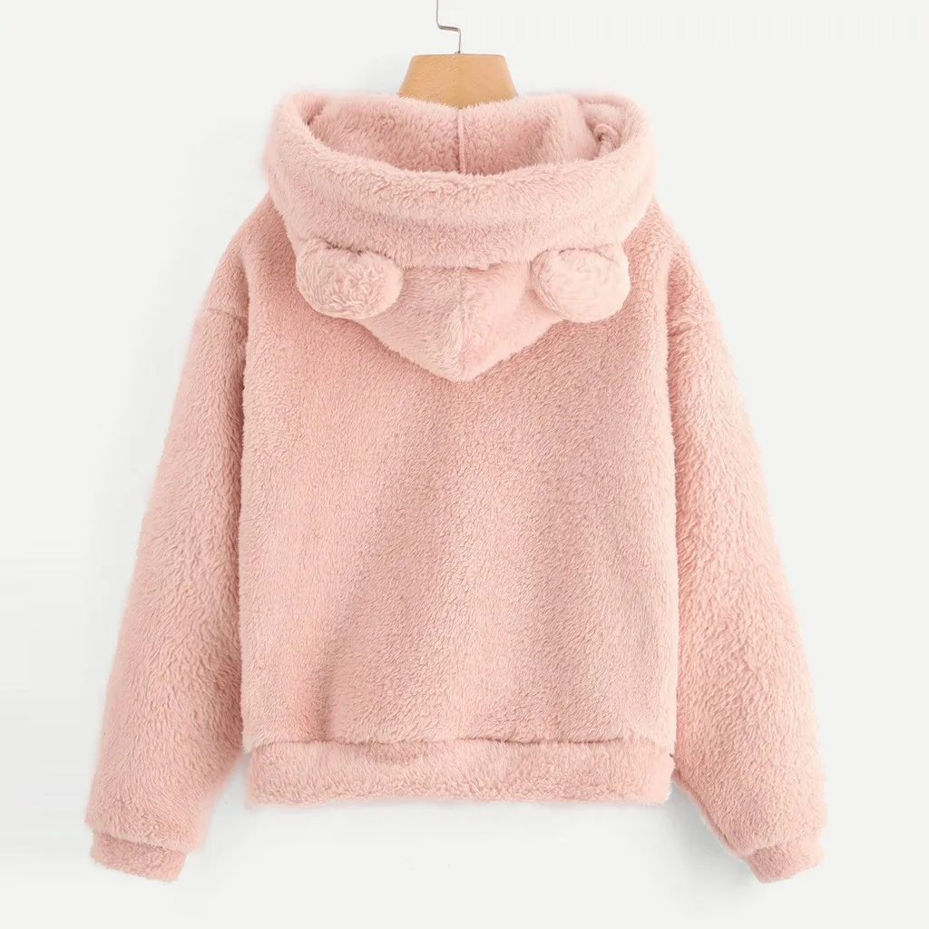 Women Long Sleeve Fleece Sweatshirt Warm Bear Shape Fuzzy Hoodie Pullover Streetwear Women Oversized Hoodies Moletom Feminino