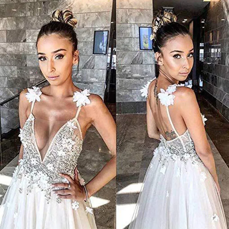 

Unique Sexy Open Back Bridal Wedding Dresses A Line Illusion V Neckline Spaghetti Straps Wedding Gowns for Bride Beading Floral