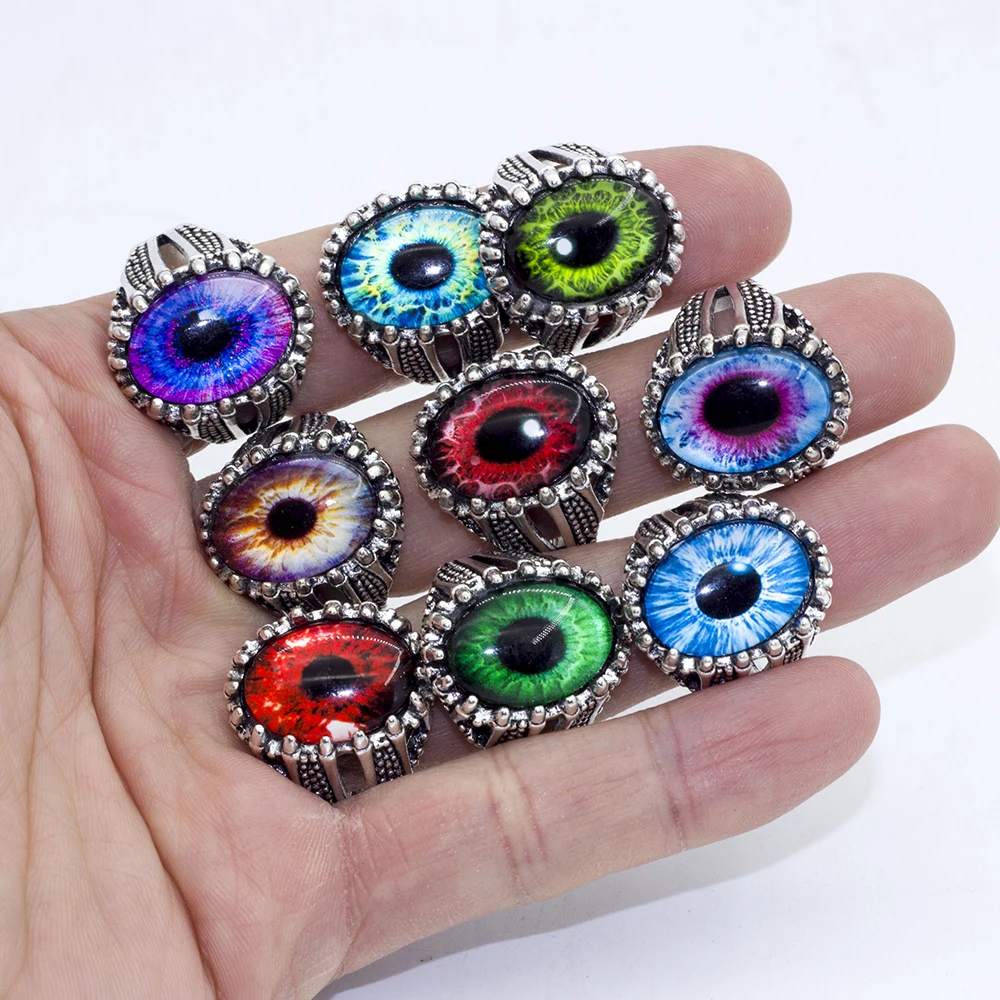 Wholesale 25 Pcs/Lot Devil Vintage Gothic Eyeball Rings for Men Women Mix Style Antique Silvery Eye Punk Jewelry Party Gift