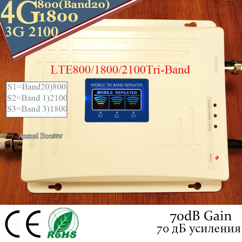 

Big Sale!! 4G Signal Repeater Band20)LTE800 1800 2100 Tri Band Cellular Amplifier 2g 3g 4g Mobile Signal Booster LTE DCS WCDMA