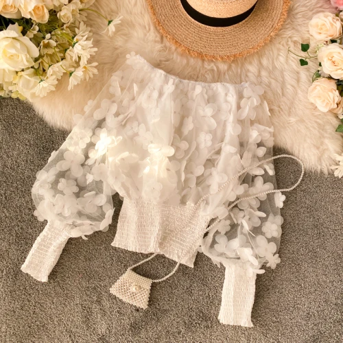 

Off Shoulders 3D Floral Gauze Spliced Blouses Slash Neck Shirts Lantern Sleeve Blouse Flowers Decors Blusas Pleated Crop Tops