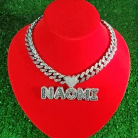 bling cuban link chain with name plateheart bail cubic zircon icy letters necklacemonogram custom necklacename choker