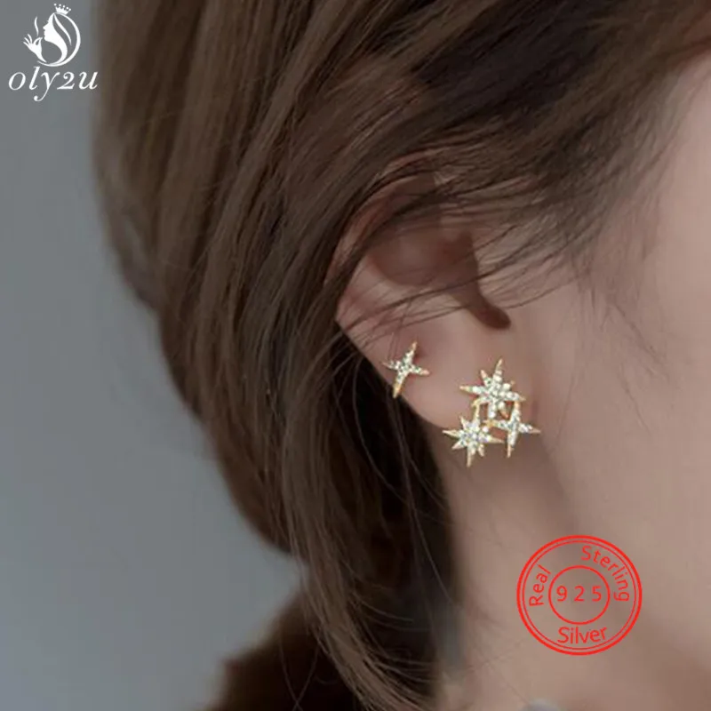 

925 Sterling Silver Ear Needle Asymmetric Crystal Star Earrings Studs for Women Girls Personality Wedding Jewelry Lady Oorbellen