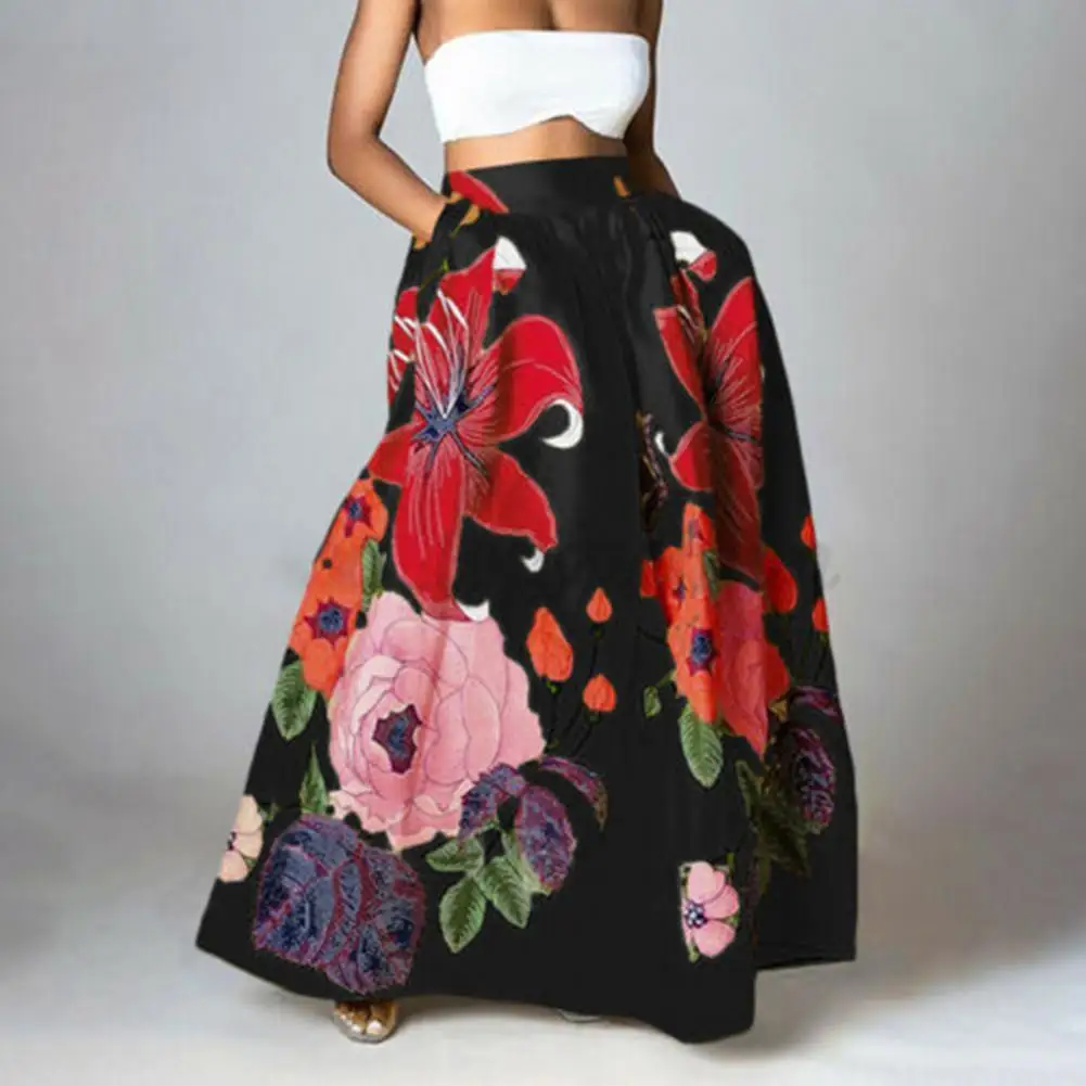 

2021 New Polyester Cotton Bohemian Skirt Floral Print Elastic Waist Women Elegant Large Hem High Waist Skirt for Beach
