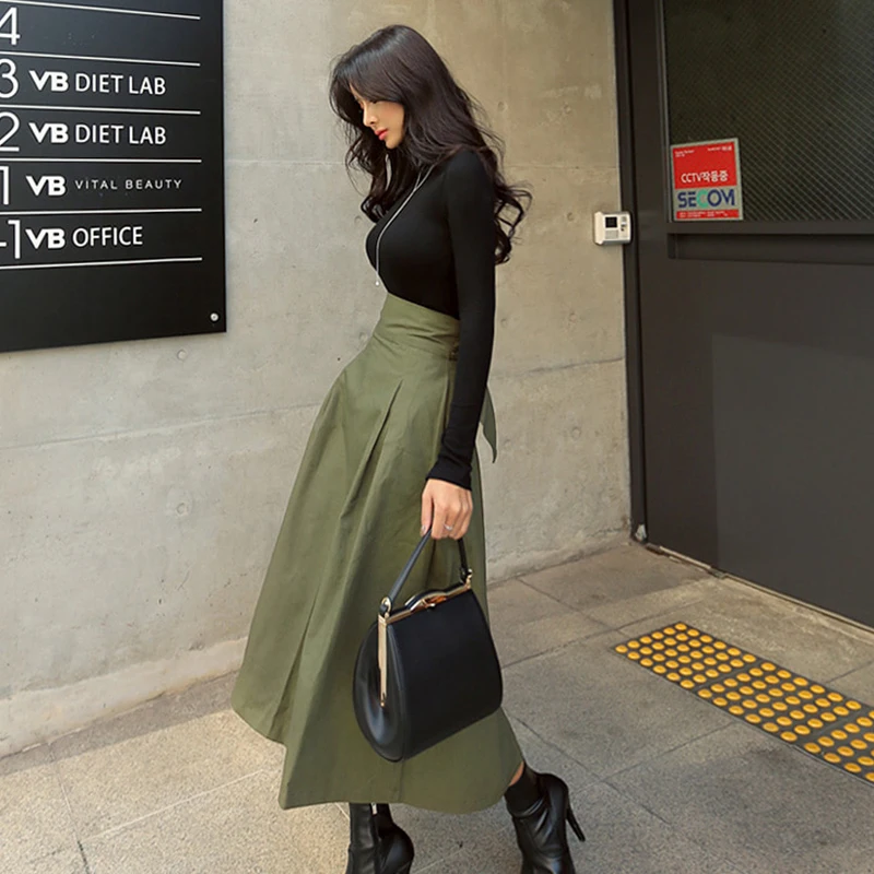 

Skirts Womens Korean Fashion Solid Color Big Swing Ladies Skirt Long Skirt 2020 Autumn Wild High Waist Bow Slim Skirts Vestidos