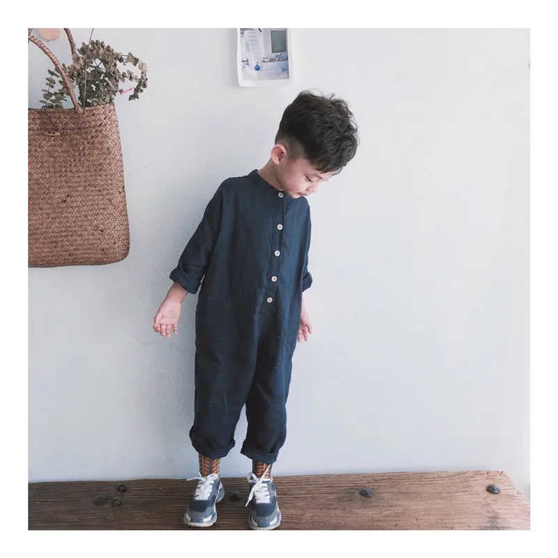 2022 Spring Autumn boys girls solid color linen long sleeve jumpsuits Korean style Toddler Kids soft loose bodysuits 1-7Y