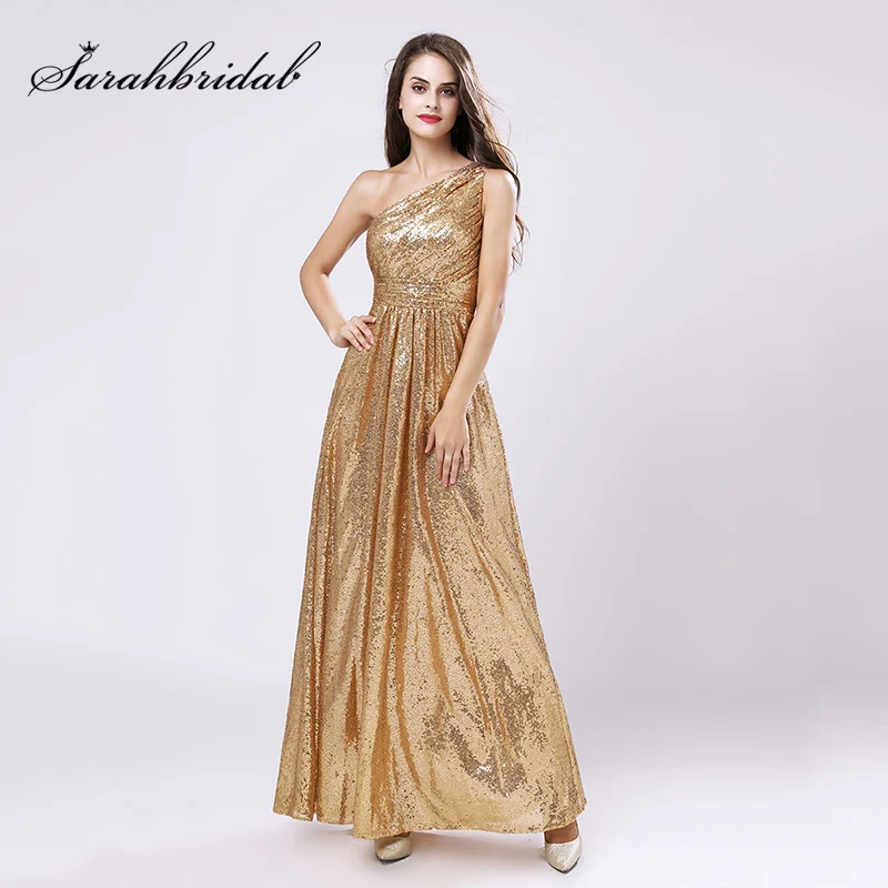 

New 2021 Sparkly One Shoulder Gold Sequin Bridesmaid Dresses A Line Maid Of Honor Women Pleats Long Wedding Party Gowns SD421