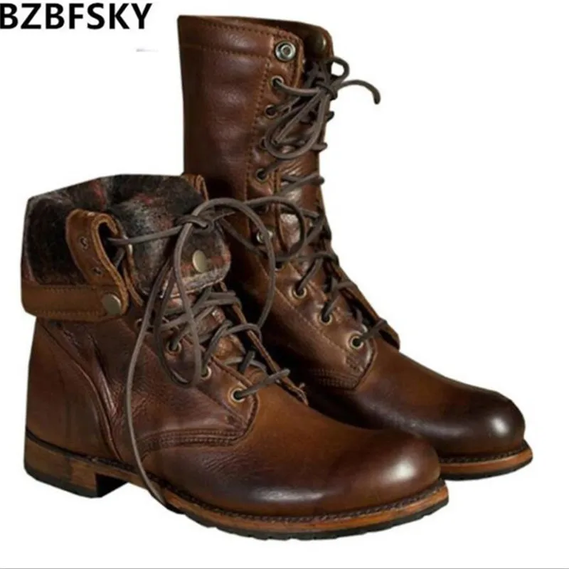 

BZBFSKY Mid-Calf Platform Boots 2021 Brand Genuine Leather Boots for Woman Lace up Chunky Out Sole Boots Women Winter Shoes 40