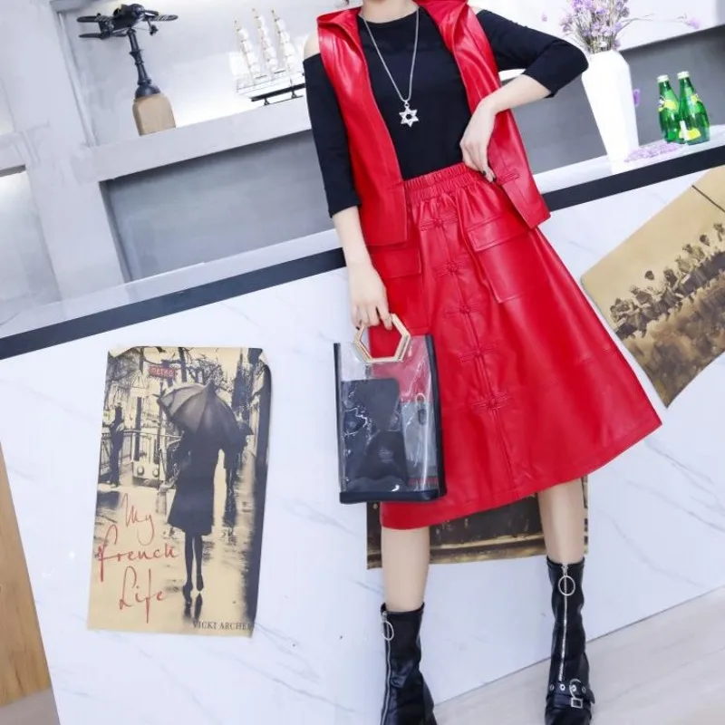 Chinese Style A-Line Skirts Women Streetwear Red Sheepskin Knee Length Skirts Designer High Waist Casual Mid Skirts Pockets