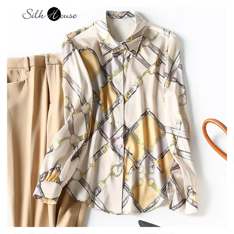 

2021 Early Spring Cardigan Single Breasted Long Sleeve Plaid Mulberry Silk Temperament Commuter Printed Letter Silk Lapel Top