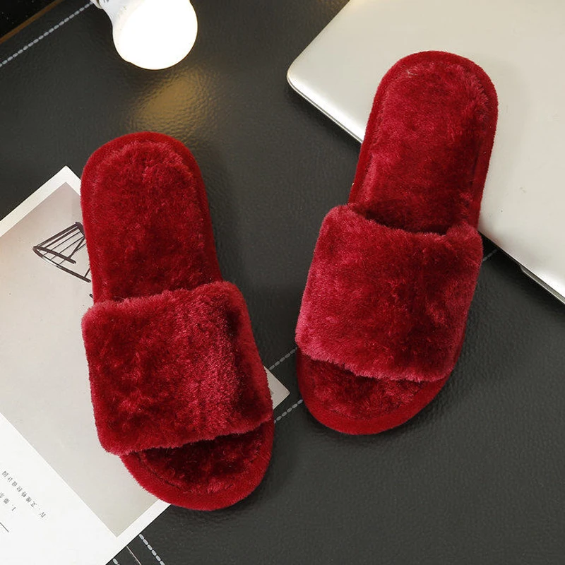 

2020 Winter Fashion Women Slippers Faux Fur Solid Color Slip-on Warm Slippers Comfortable Flats Female Slides Casual Home Shoes