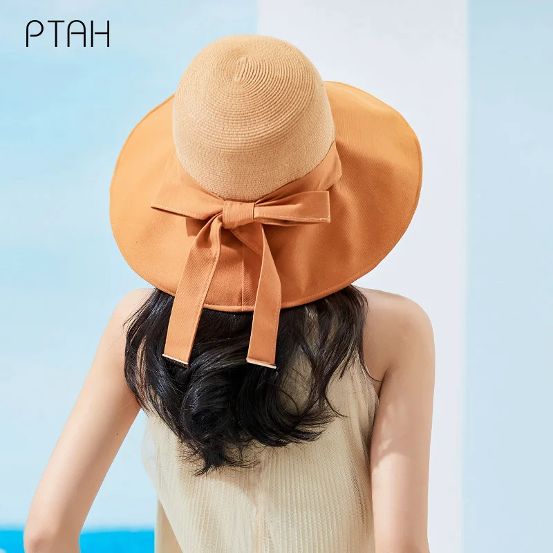 

[PTAH] Summer Women's Sun Hat UPF 50+ Wide Brim Roll-up Cap Bow Straw Cloth Foldable Beach Hats Breathable Sun Protection Visors