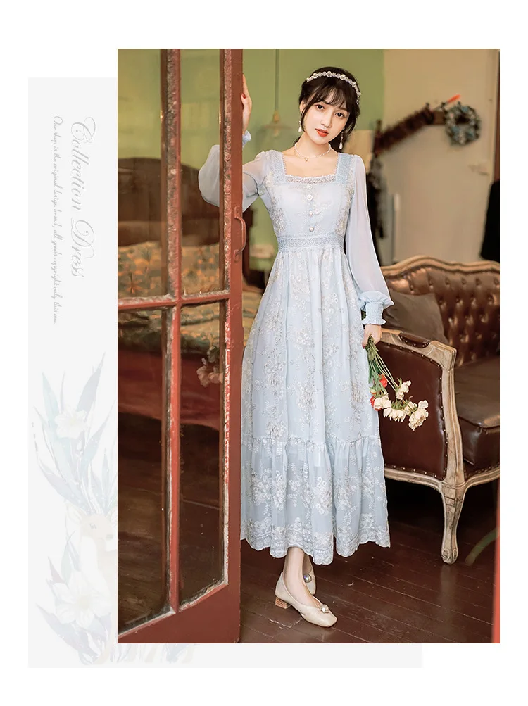 

2021 Spring/Autumn Dress for Women Elegent Goddess Lace Dress Court Style Retro Square Collar Printed Long-Sleeved Dress New
