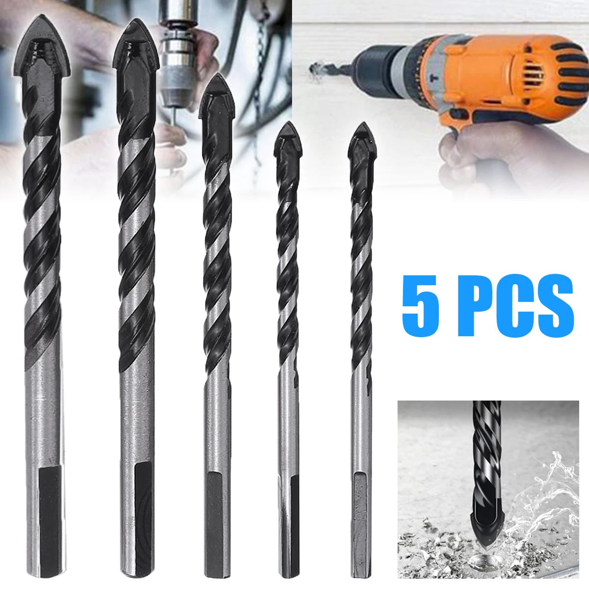 

5pcs Tungsten Carbide Glass Drill Set 6-12mm Twist Tile Drill Bits for Porcelain Tiles Glass Hole Opening Drilling