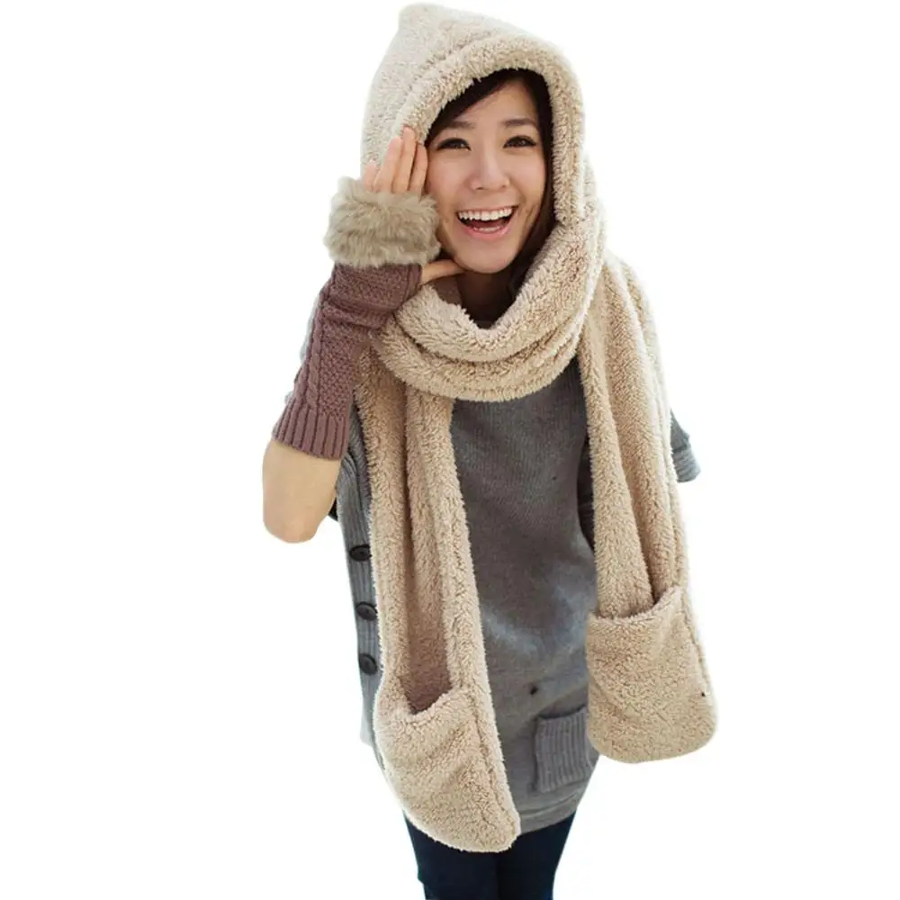 3 in 1 Women Winter Warm Soft Hooded Scarf Snood Pockets Gloves Scarfs Hat Best Sale-WT