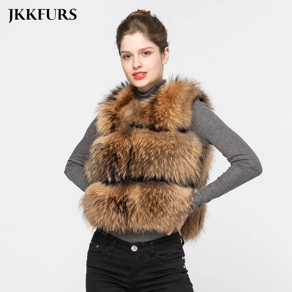 JKKFURS Модный стильный женский жилет из натурального меха енота Зимний толстый теплый модный жилет 3 ряда S1150B