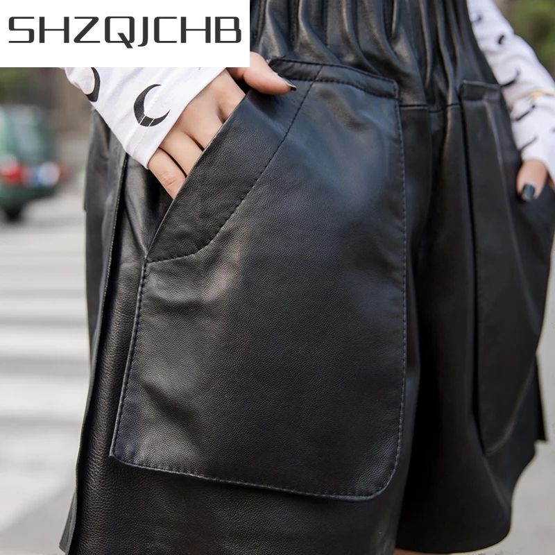 JCHB 2021 Streetwear High Waist Genuine Leather Shorts Women Autumn Winter Slim Wide Leg Trousers Luxury Elastic Waist Sheepskin