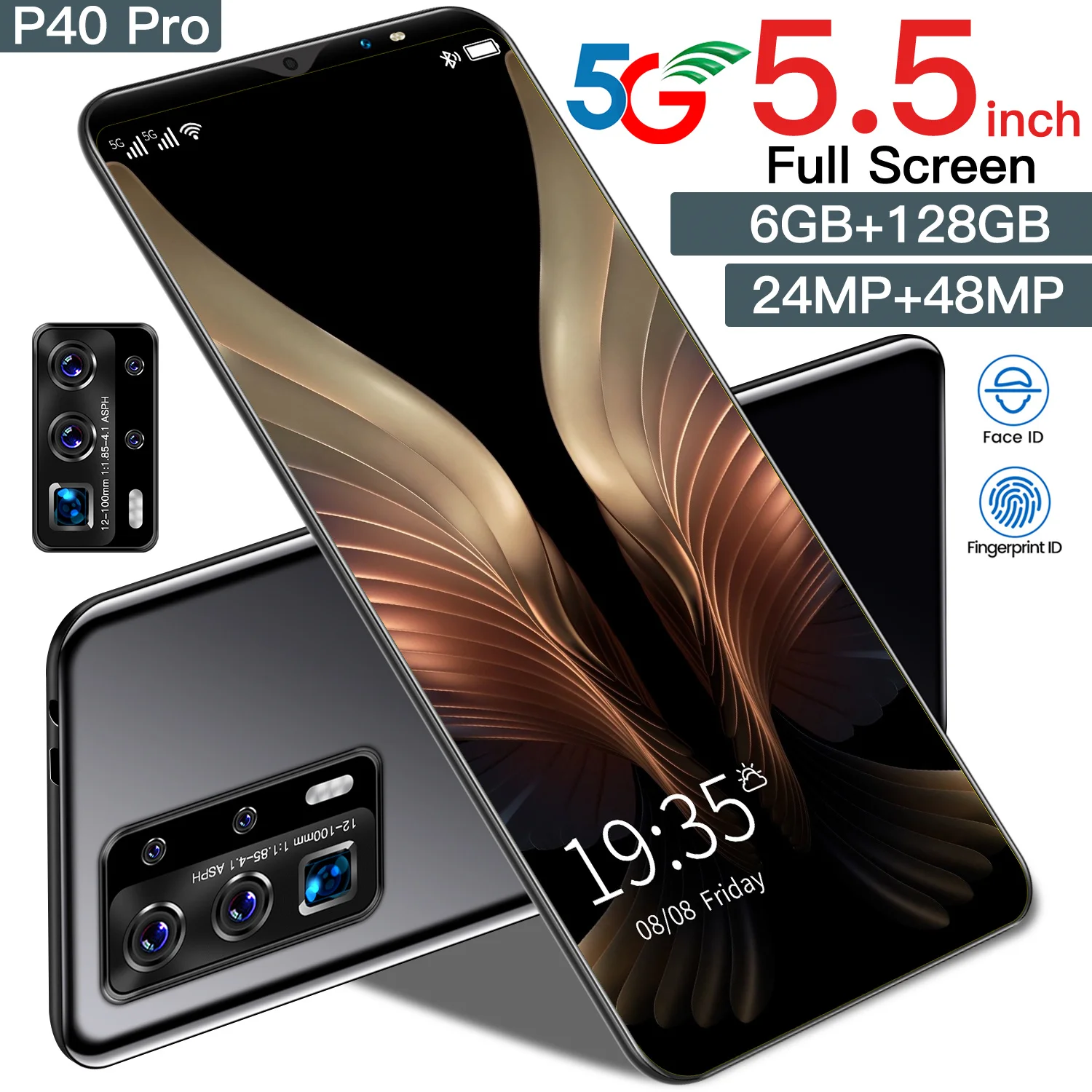 

Galxy P40 Pro 5G Smartphone 5.5 Inch Screen Android 10.0 Cellphone 24+48MP 10 Core Unlock Mobilephone 4800mAh Battery Face ID