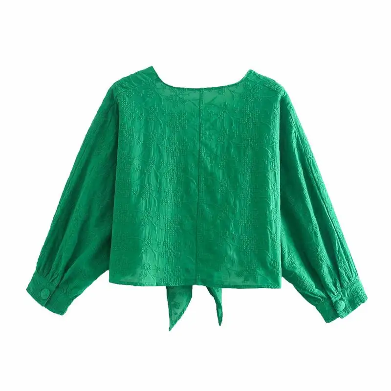 

ZA Summer Ladies Embroidery Blouse Shirts 2021 Causal Thin Top Female Half Sleeve Bow V-neck Loose Solid Outfits