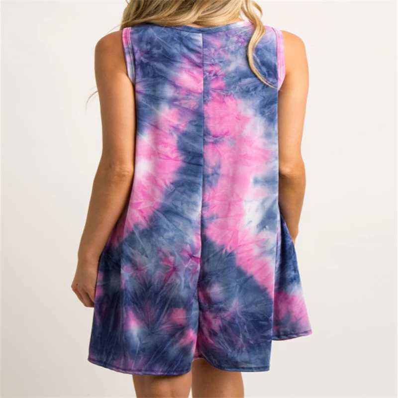 

Women New Style Tie Dye Printed Sleeveless Dress Fashion Loose Mini Dress