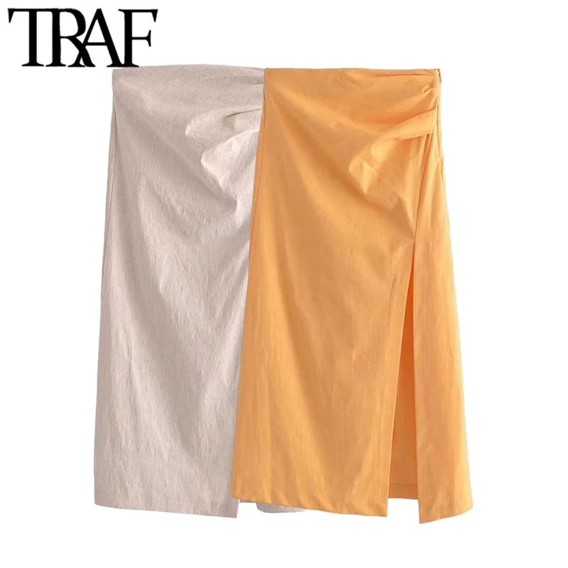 

Юбка-миди женская льняная с разрезом, завышенной талией и боковой молнией