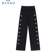 Bow Embroidery Jeans Women Denim Pants Spring Autumn Harajuku High Waist Straight Wide Leg Fashion E