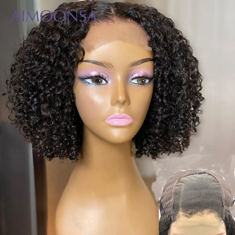 Short Bob Afro Kinky Curly Wig 4*4 Lace Closure Pre Plucked Bleached Knots Lace Front Human Hair Wigs 180% For Black Women Remy