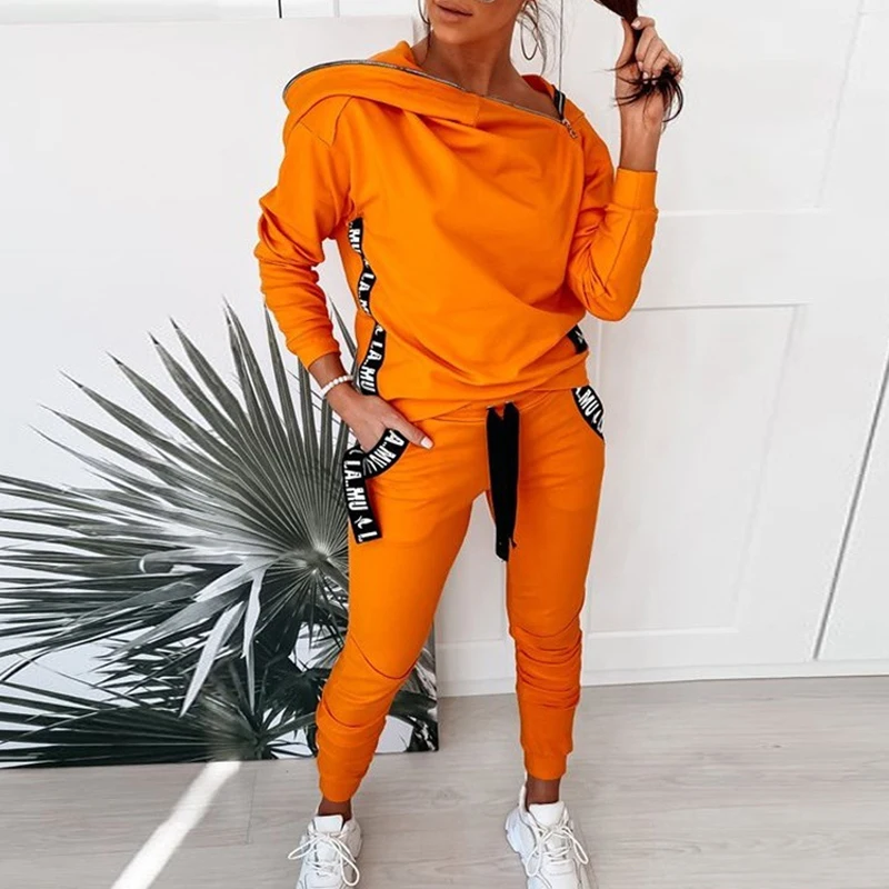 

Women Elegant Striped Print Two Piece Sets Casual Zip Hooded Sweatshirt and Drawstring Pants Autumn Pockets Patchwork Tracksuits