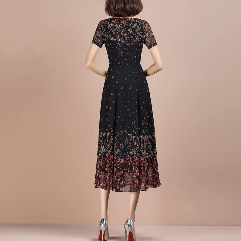 

Dress Women Summer O-Neck Black Chiffon Chic Print Fashion A-Line Casual Wear