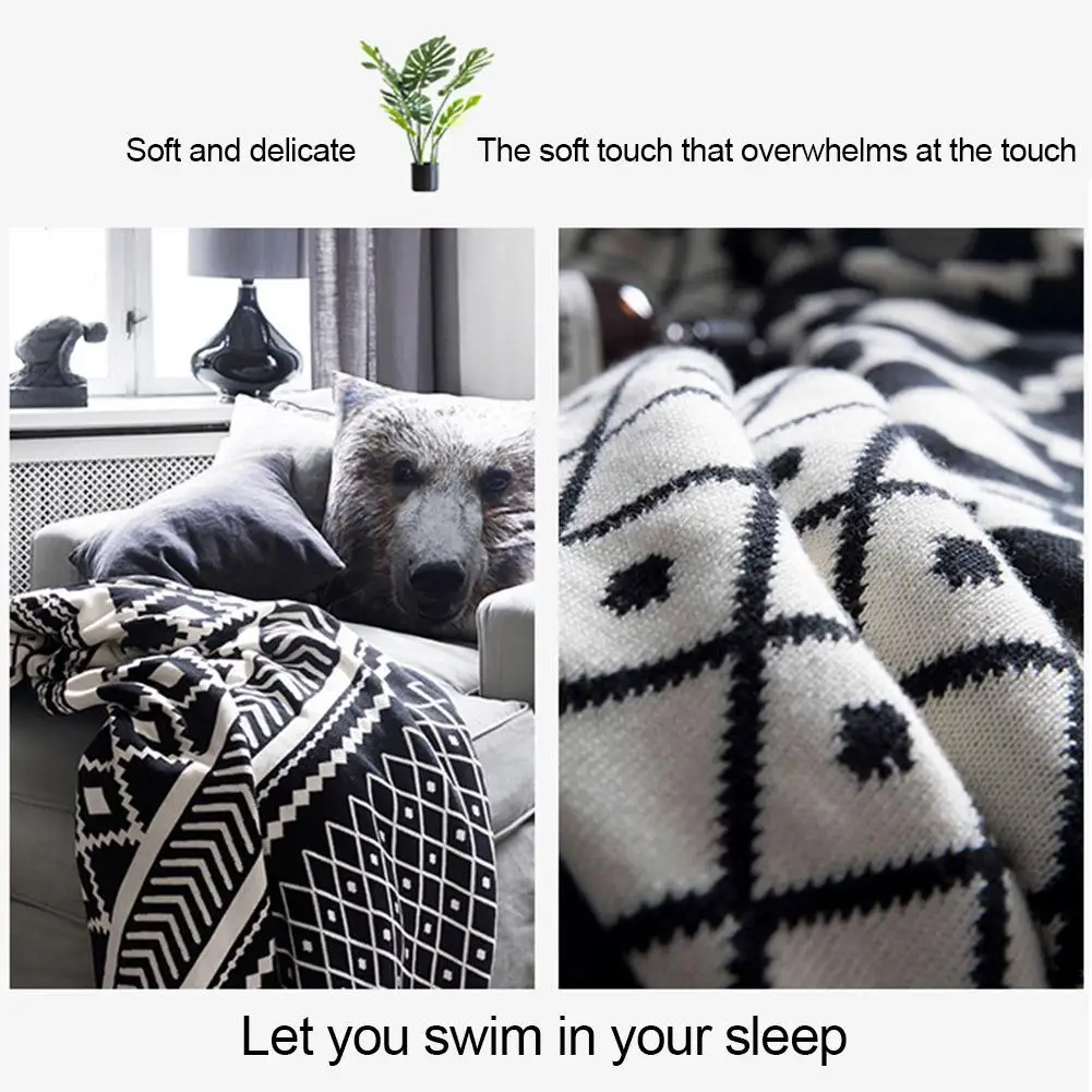 

High Quality Cotton Knit Blanket Skin Friendly Black White Breathable Blanket For Sofa Office Car Travel