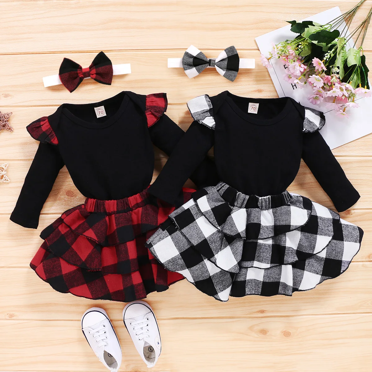 

Emmababy одежда из трех предметов для маленьких девочек, новый однотонный комбинезон с длинными рукавами и клетчатая короткая юбка с повязкой н...