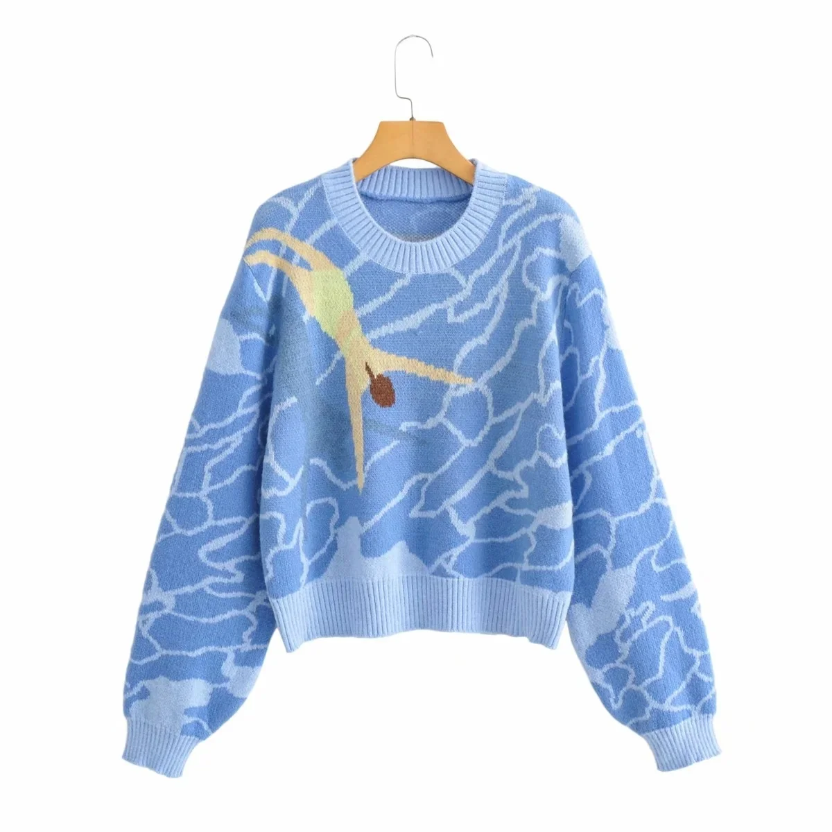 

Ocean Diving Print Sweaters Women Blue Y2K Top O Neck Oversized Sweater for Women Winter Pullovers Long Sleeve Jumpers Knitwear