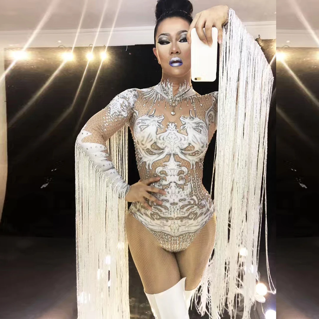 

Women's Stage Dance Clothing Fashion Show Costume White Tassel Bodysuit Nightclub Team Rhinestones Outfit Performance