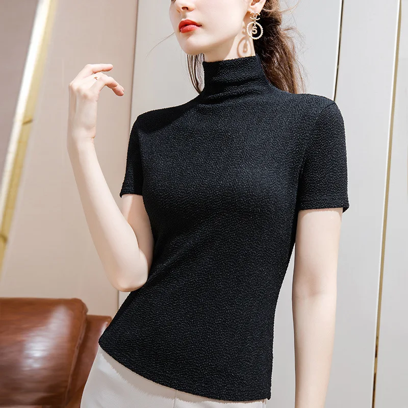 

Turtleneck bottoming shirt 2020 autumn new women's temperament stretch all-match tight-fitting short-sleeved t-shirt women