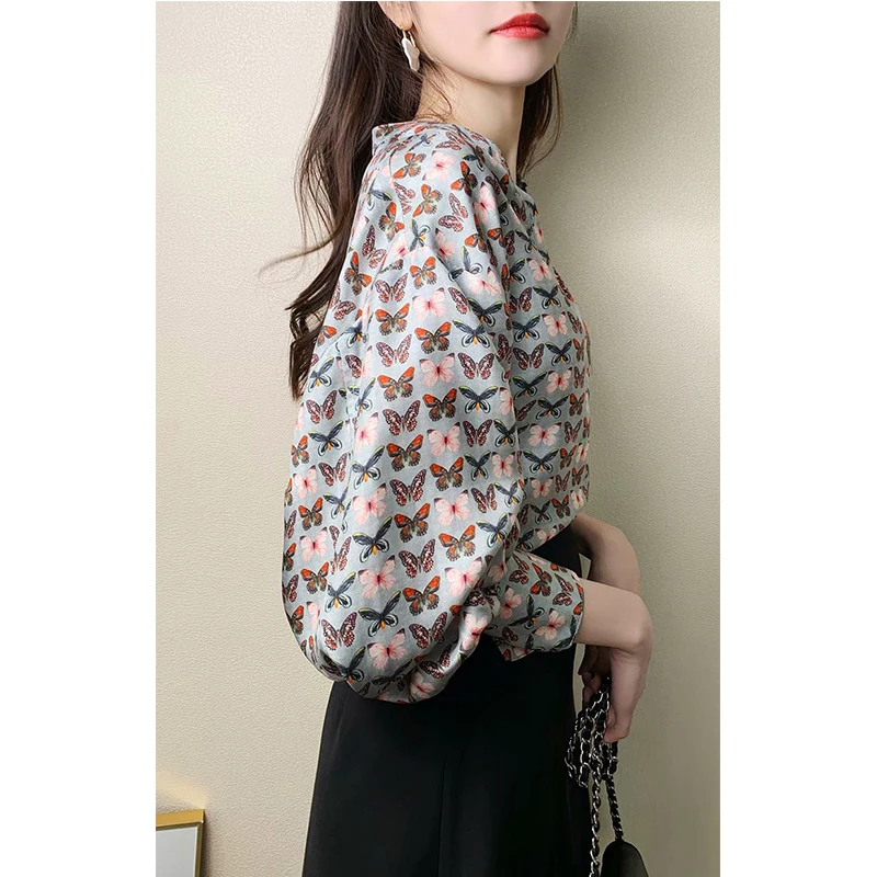 

2020 New Fashion Women butterfly printing Splicing chiffon shirt Blouses Long Sleeve Chiffon Shirt Casual Loose Tops