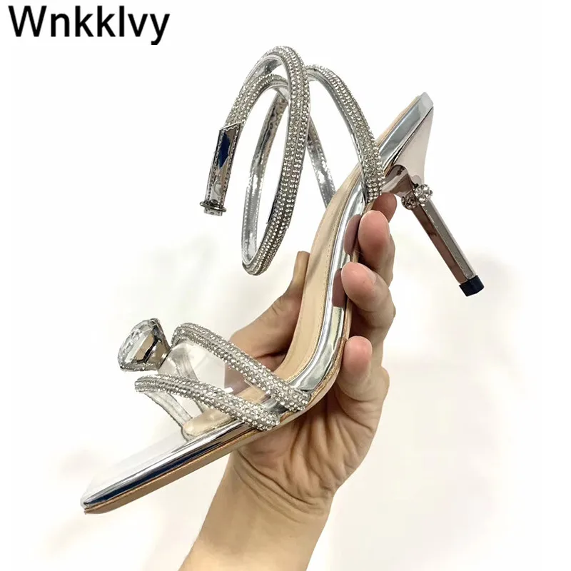 

Босоножки женские на высоком каблуке, украшение с кристаллами, украшение с блестящими стразами, туфли-шпильки с ремешком на щиколотке, пика...