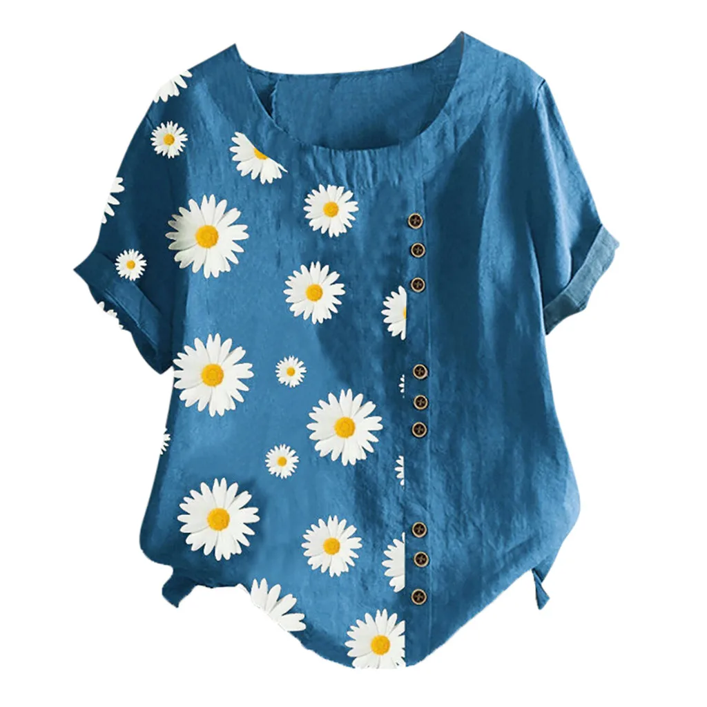 

Plus Size Fashion Linen Blouse Shirt Retro Floral Print Top Casual Summer Ladies Tops Female Women Short Sleeve Blusas Pullover