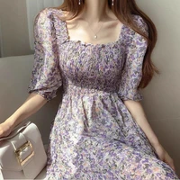 2021 summer new large size purple chiffon floral dress female summer square collar gentle and thin temperament fairy long skirt