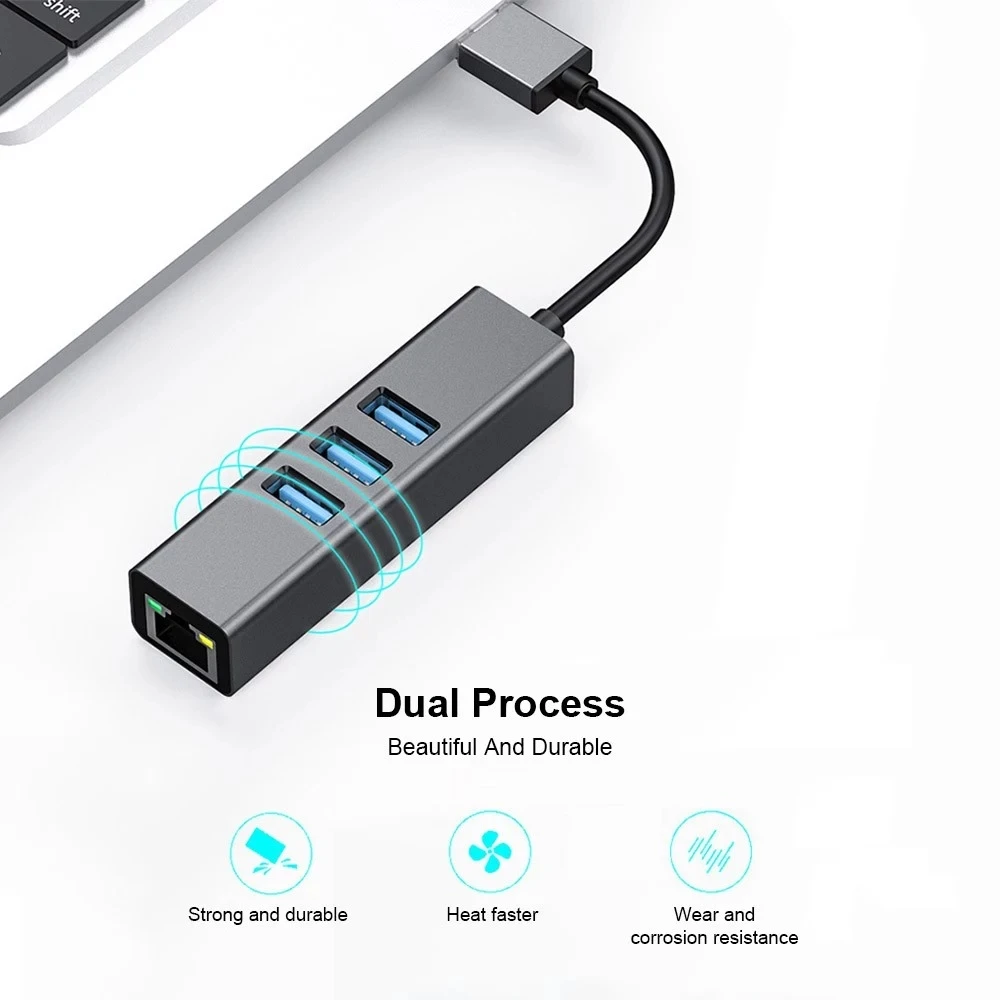 

Portable USB Transform RJ45 Multifunction Aluminium Alloy 1000MB Network Card Converter 3 USB3.0 HUB Port Grey