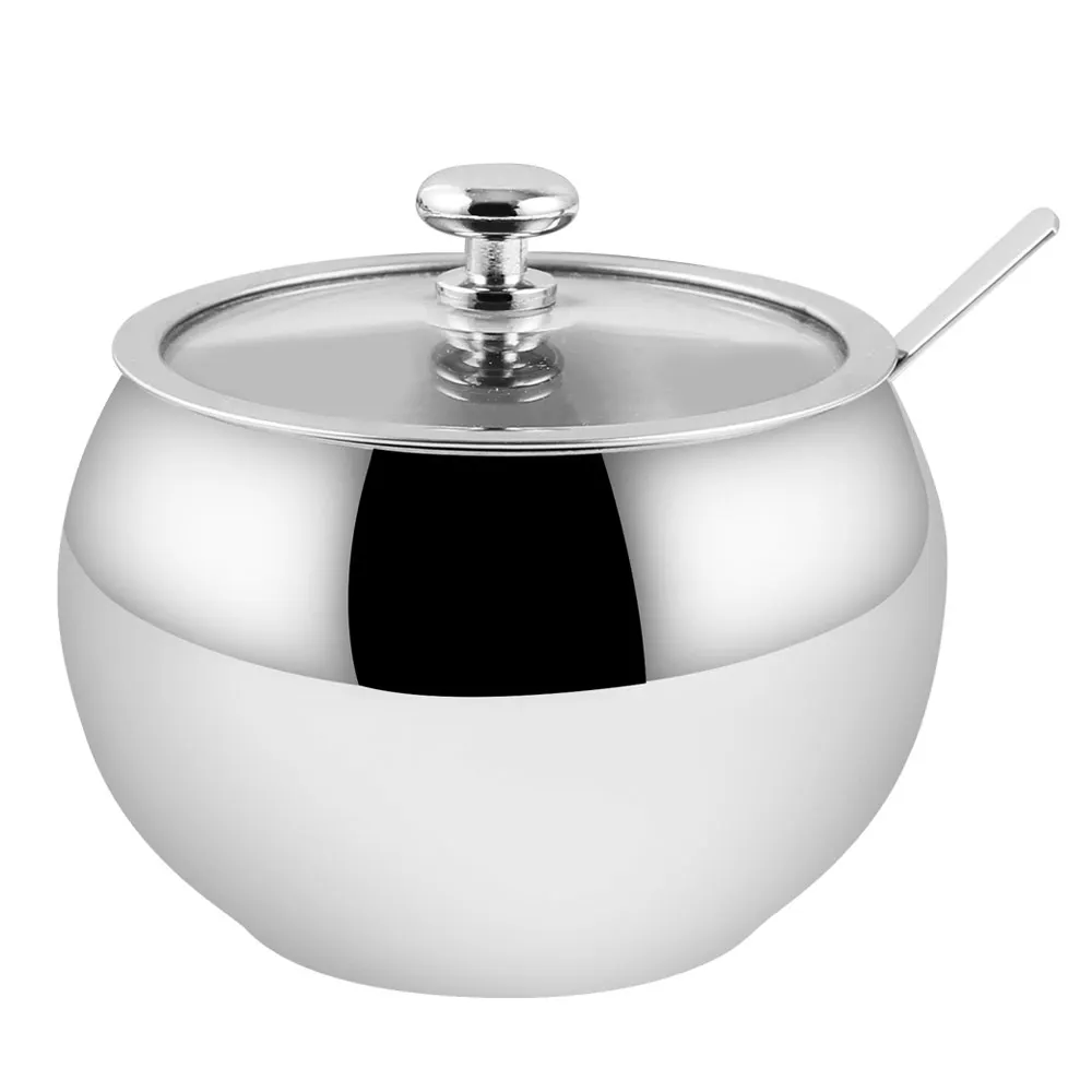 

304 Stainless Steel Sugar Bowl with Lid and Spoon for Home and Kitchen, Storage Container Condiment Candy Seasoning Jar
