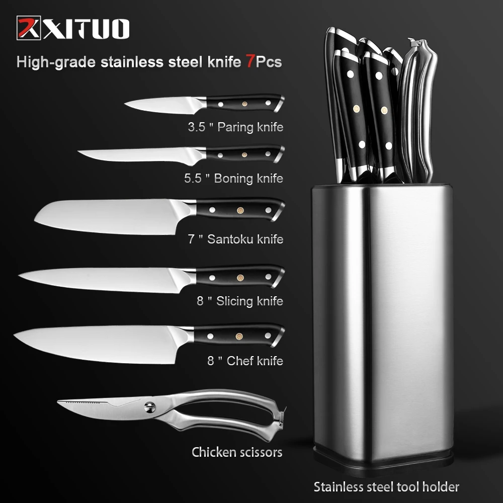 XITUO 7 adet mutfak bıçağı seti alman çelik şef bıçağı Santoku et Cleaver makas bıçak tutucu pratik pişirme araçları