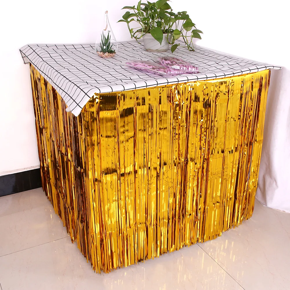 1x1M 1X2M Metallic Foil Fringe Table Skirt Gold Tinsel Tutu Skirts For Wedding Deco ration Baby Shower Rectangle Tables | Дом и сад