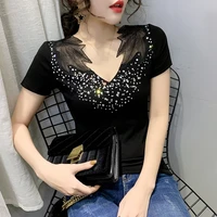 summer fashion korean clothes sexy embroidery diamonds t shirt women tops cotton ropa mujer bottoming shirt tees 2020 new t03801